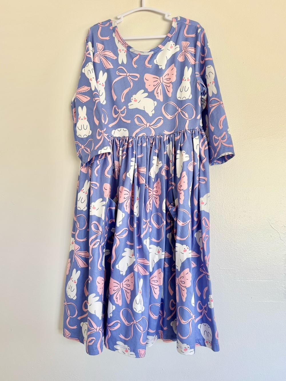 Girls' Blue Bunny & Bow Print Long Sleeve Dress